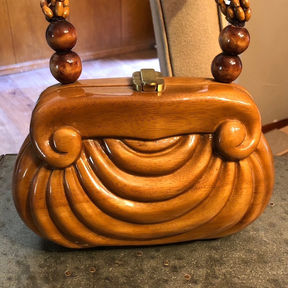 Timmy Woods Hand-Carved Wooden Statement Shoulder Bag in Warm Brown